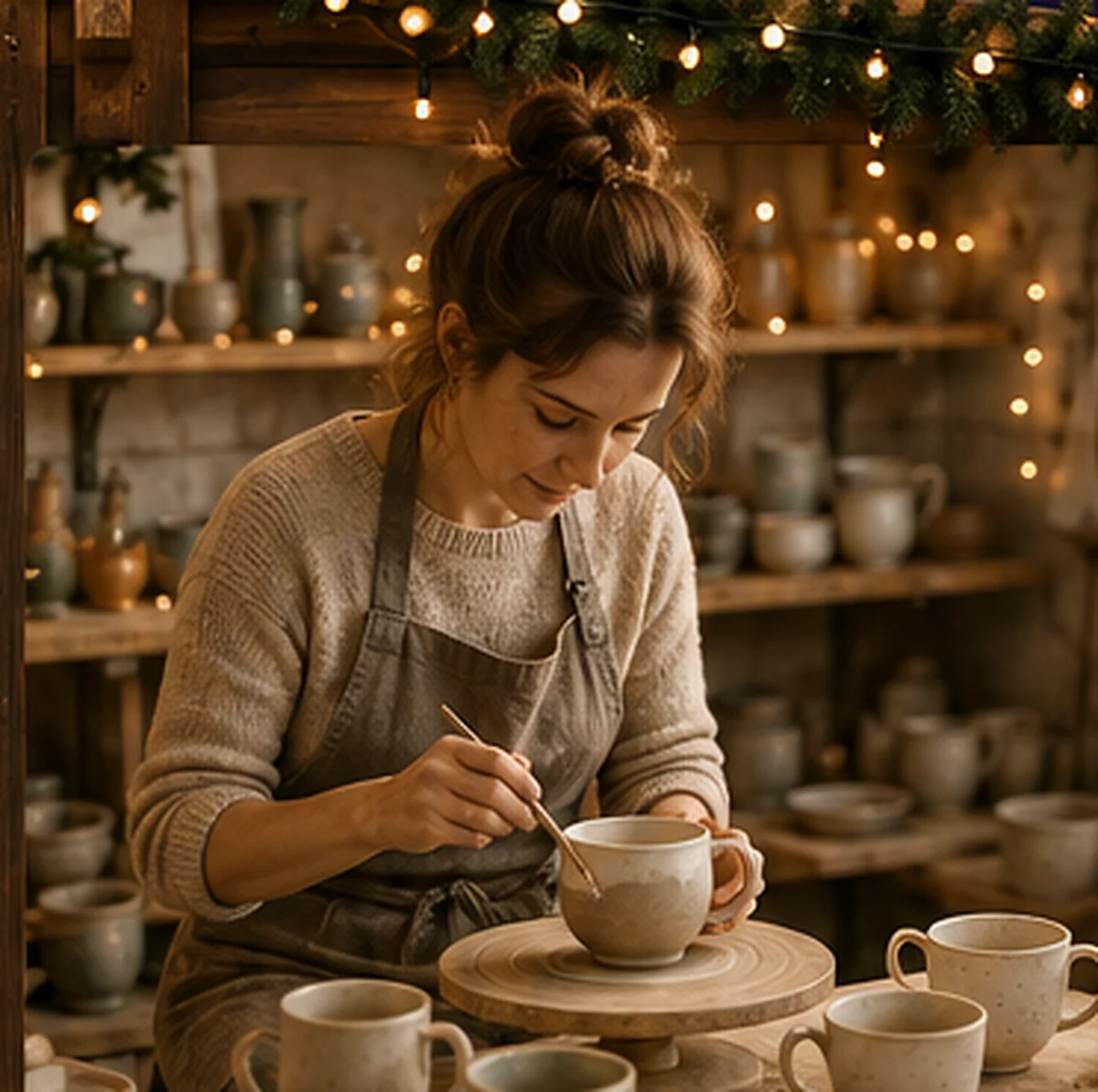 Une céramiste façonne une tasse sur son tour, dans son atelier éclairé de guirlandes.